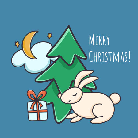 Merry christmas cute card with christmas bunny. Composition with hare, fir tree and gift. Night New Years Eve cartoon. baby banner vector illustrationのイラスト素材