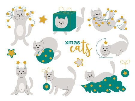 Christmas stories with cat vector illustration. Funny cute pet with gift box, christmas tree, garland and stars. Hand drawn holiday decoration collection with catsのイラスト素材