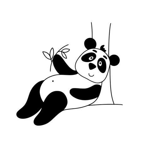 Funny panda character lies isolated vector illustration. Black and white bear with sprig of bamboo. Cute panda bear iconのイラスト素材