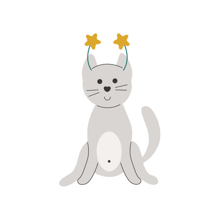Christmas cat cute baby character. Gray cat with stars isolated vector illustration. Funny pet. New Year kitten clipartのイラスト素材