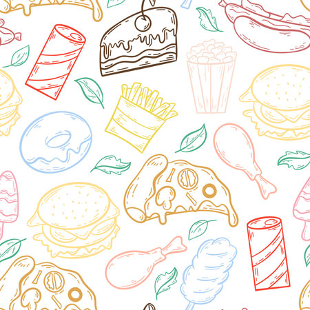Silhouette fast food seamless pattern vector illustration. Traditional American food background. Print ready food for packaging, paper, textile and product design, menu and cafeのイラスト素材