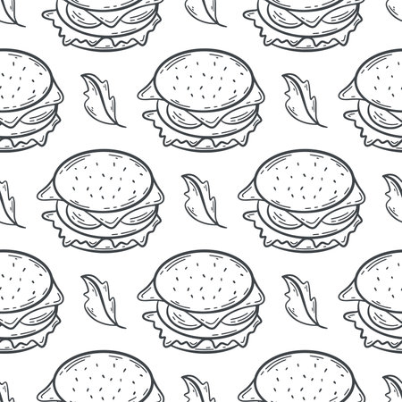 Burger sketch seamless pattern. Hand drawn hamburgers and lettuce background. Fast food print for packaging, paper and design vector illustrationのイラスト素材
