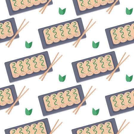Spring rolls seamless pattern. Background traditional asianfood. Print with rolls for textile, packaging, paper and design vector illustrationのイラスト素材