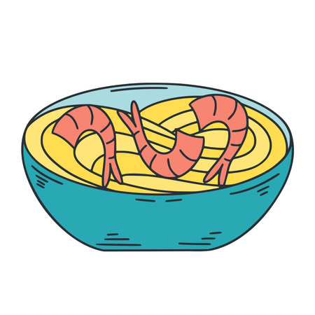 Egg udon noodles with shrimp isolated vector illustration. Asiafood retro style. Traditional Japanese dish with seafoodのイラスト素材