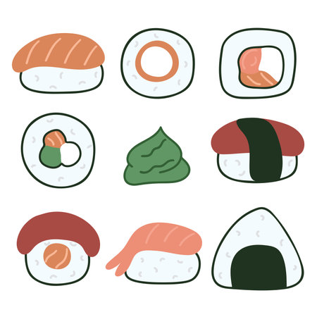 Sushi and sashimi set simple illustration. Asian food vector. Dish traditional japanese cuisine rice with fish and seafood in seaweedのイラスト素材