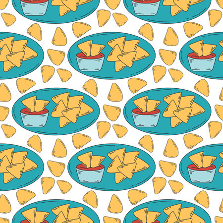 Corn chips with spicy sauce seamless pattern. Latin american food background. Nachos print for design of textiles, paper, packaging vector illustrationのイラスト素材