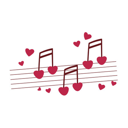 Music love concept. Notes hearts on stave clip art. Romantic hand drawn illustration for valentines day. Melody hearts isolated vectorのイラスト素材