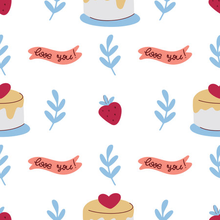 Cakes and strawberries seamless pattern. Cute background with berries. Print for textile, paper, packaging, fabric, wallpaper. Love you inscription. Valentine template vector illustrationのイラスト素材