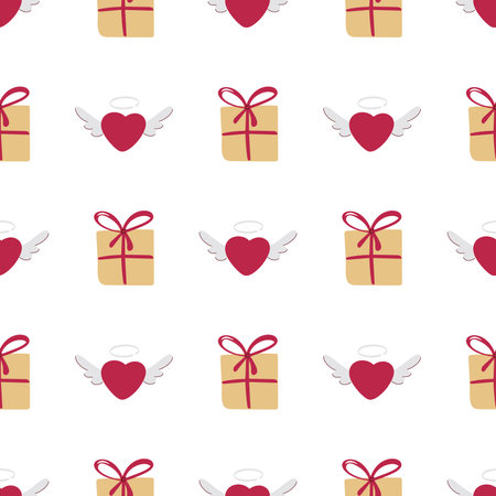 Red hearts with wings and gift boxes seamless pattern. Cute background with angels hearts. Romantic print for textiles, packaging, paper, wallpaper and design. Love and romance concept, valentines dayのイラスト素材