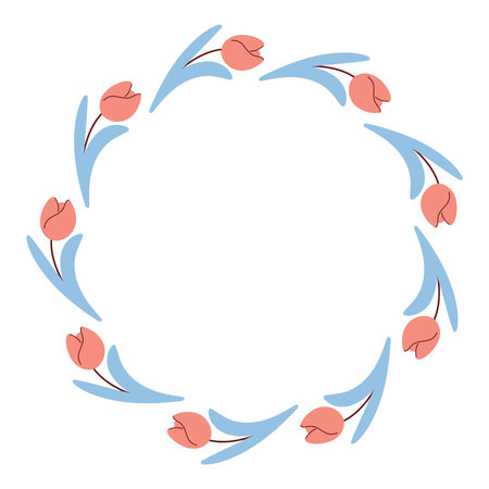 Hand drawn tulips wreath. Floral spring frame. Round flowers frame. Empty circular pattern of flowering and foliage. Flat design, vector illustrationのイラスト素材