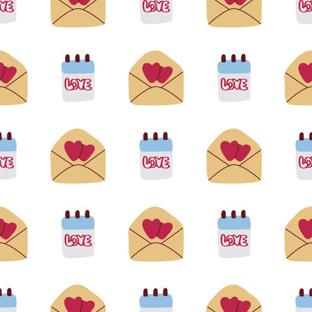 Romantic seamless pattern. Background with letters and hearts. Digital paper love. Hand drawn cute design vector illustrationのイラスト素材