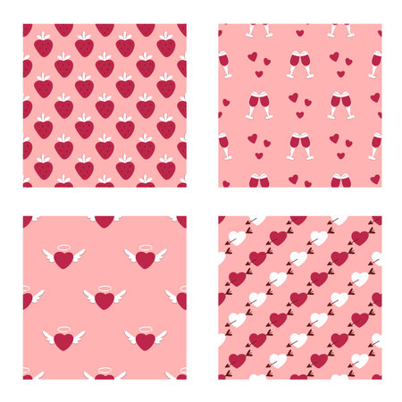 Valentine day seamless pattern set. Romantic pink background bundle. Decorative wallpaper. Cute hand drawn print for wedding and Valentine. Flat design, vector illustrationのイラスト素材
