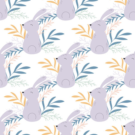 Cute baby bunnies seamless pattern. Background with rabbits herbs and foliage. Spring Easter print with hares for textiles, packaging, paper, wallpaper and design. Cartoon style, vector illustrationのイラスト素材