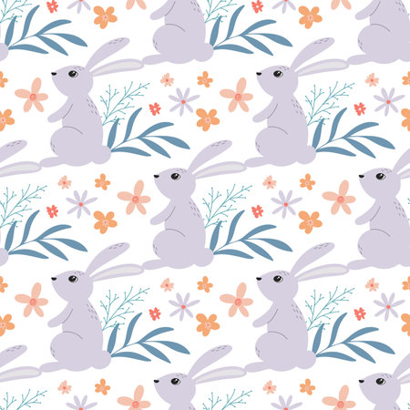 Easter bunnies in flowers seamless pattern. Spring floral background with hares. Print cute animals and botanical motifs. Model for textile, packaging, paper, fabric and product design, vector illustrationのイラスト素材