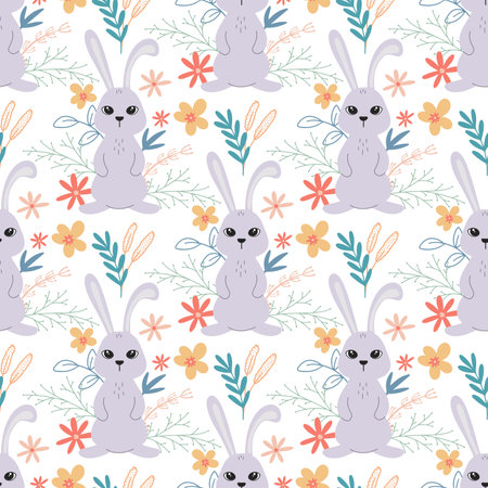 Cute rabbit seamless pattern. Funny hares in flowers, foliage and herbs. Baby print with animals. Easter spring template. Digital paper, vector illustrationのイラスト素材