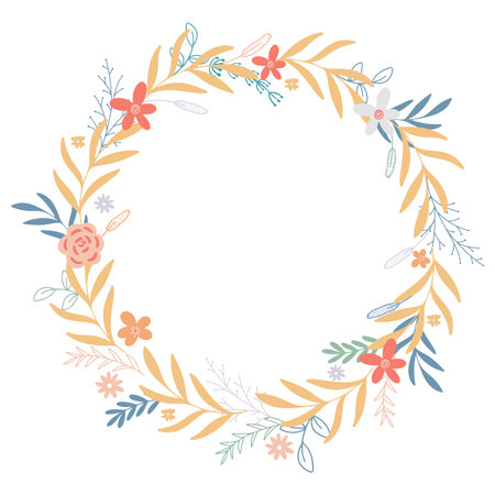 Rustic wreath for invitation, postcard, brochure, advertisement and more. Delicate floral leafy rim. Flowers, herbs and foliage in circle frame. Spring or summer botanical template, isolated vector illustrationのイラスト素材