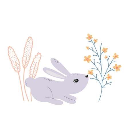 Cute bunny smells flowers. Rabbit in flowers and herbs, spring composition. Baby illustration with hare. Character hare and botanical elements, vector illustrationのイラスト素材
