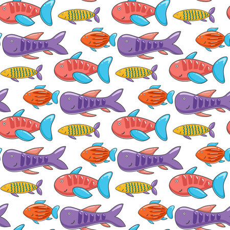 Seamless pattern flock of fish. Underwater colorful world print for textile, packaging, paper and design. Fish background. Digital paper, vector illustrationのイラスト素材