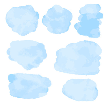 Abstract watercolor blue spots. Splashes for background, watermark and design. Strokes of various shapes. Set vector illustrationのイラスト素材