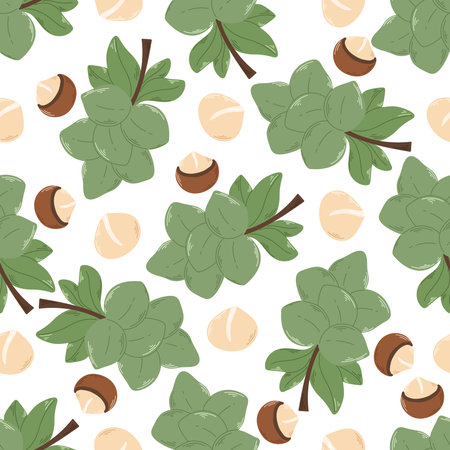 Macadamia nuts and foliage seamless pattern. Food background with nuts, kernels and leaves. Macadamia print for textile, digital paper, packaging and product design, vector illustrationのイラスト素材