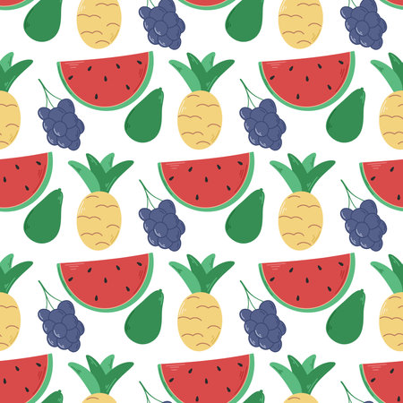 Exotic tropical fruits seamless pattern. Summer background with juicy fruits. Healthy organic food. Fruit print for wrapper, digital paper and design, vector illustrationのイラスト素材