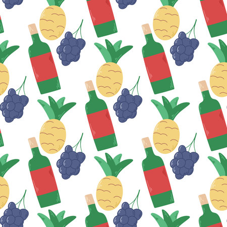 Fruit and wine seamless pattern. Picnic food background. Print with pineapple, grapes, wine and watermelon for digital paper, textile, packaging, vector illustrationのイラスト素材