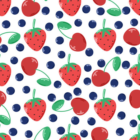 Summer berry seamless pattern. Background with strawberries, cherries and blueberries. Wild berry juicy print for textile, digital paper, fabric and design. Hand drawn model, vector illustrationのイラスト素材