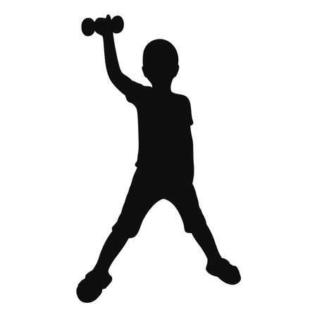 Boy with dumbbell silhouette. Child goes in for sports ink shadow. Little abstract boy is engaged in physical education. Healthy lifestyle concept, vector illustrationのイラスト素材