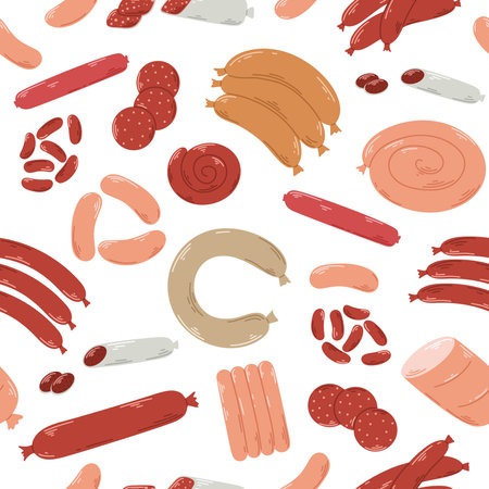 Various types of sausages and ham background. Seamless pattern meat sausages. Grocery meat template for print, packaging, product design, vector illustrationのイラスト素材