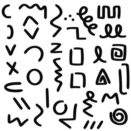 Hand drawn squiggle scribble set. Simple signs and symbols ink collection. Design elements doodle style bundle. Isolated, vector illustrationのイラスト素材