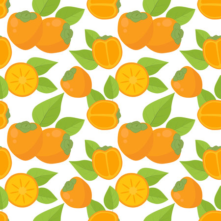 Persimmon fruits seamless pattern. Fruit summer background. Bright persimmon print for textile, digital paper, packaging and design. Vector illustrationのイラスト素材