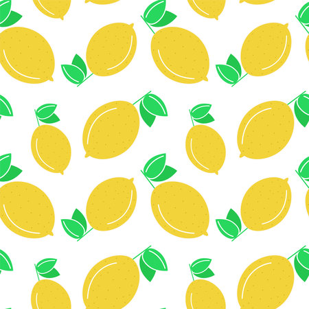 Seamless background with lemons. Vector, pattern with bright yellow citrus fruits and leaves. Fruit background for designのイラスト素材