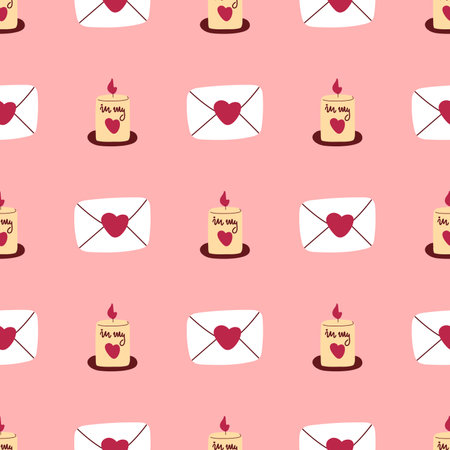 Romantic seamless pattern with envelopes. Background of love letters and burning candles. Love print for textile, digital paper, packaging and design, vector illustrationのイラスト素材