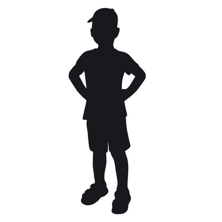 Abstract boy stands with his hands at his sides black silhouette. Male child shadow. Child standing, isolated vector illustrationのイラスト素材