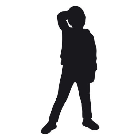 Abstract image of boy silhouette illustration. Single child standing, ink shadow isolated vector illustration. Guy stand aloneのイラスト素材