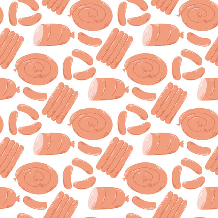 Sausages, bologna and ham seamless pattern. Background with prepared meat. Grocery meat print for packaging and design, flat vector illustrationのイラスト素材