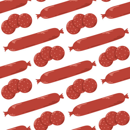 Pepperoni sausage seamless pattern. Background meat semifinished product raw smoked sausage stick and slices. Meat delicacy print, vector illustrationのイラスト素材