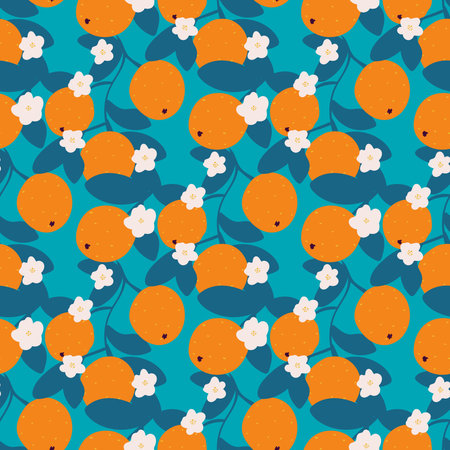Exotic tropical seamless pattern with oranges. Oranges on branches with foliage and flowers...