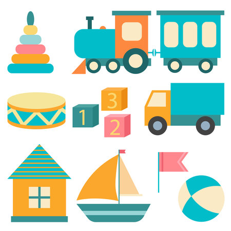 Kids toys set. Baby shower stuff flat isolated illustration. Colorful cartoon image, vectorのイラスト素材