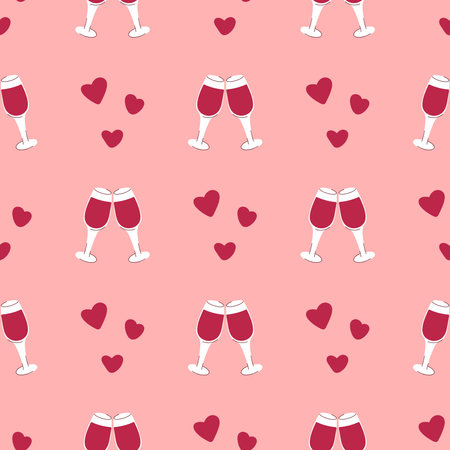 Romantic seamless pattern. Glasses with wine and hearts background. Print for lovers. Digital paper for wedding and valentine s day. Model for textile, packaging, paper and design, vector illustrationのイラスト素材