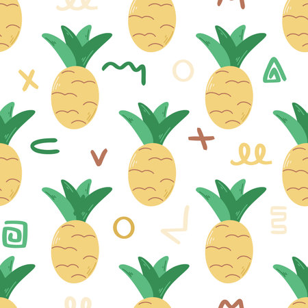 Pineapples and squiggles summer seamless pattern. Exotic tropical background. Fruit and doodle elements print for textile, paper, packaging, flat vector illustrationのイラスト素材