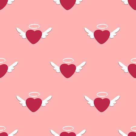 Heart with wings and halo seamless pattern. Cute romantic background. Angel heart print. Flat style, vector illustrationのイラスト素材