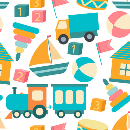 Baby toys seamless pattern. Set of different kid toys background. Playful child print for textiles, digital paper, packaging and design of children things, vector illustrationのイラスト素材