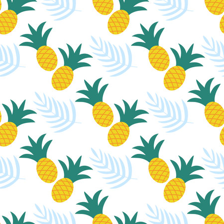 Pineapple and palm branch seamless pattern. Summer tropical background. Exotic fruit print for textile, packaging, paper and design, vector illustrationのイラスト素材