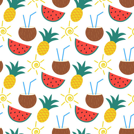 Tropical summer seamless pattern. Fruit colorful print for textile, paper, packaging, design. Background with sun, pineapple, coconut and watermelon, vector illustrationのイラスト素材