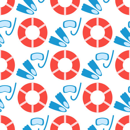 Diving seamless pattern. Background with mask and snorkel for diving and lifebuoy. Print beach holiday. Underwater sport, vector illustrationのイラスト素材