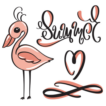 Hand written lettering word summer and pink flamingo. Cute summer design for postcard, banner or card. Funny exotic bird summer print, vector illustrationのイラスト素材