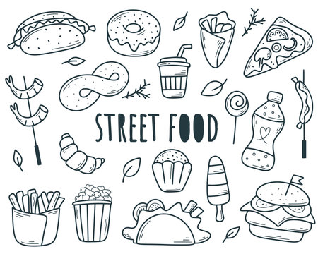 Hand drawn street food set. Fast food ink sketch. Simple food snack takeaway doodle style, isolated vector illustrationのイラスト素材