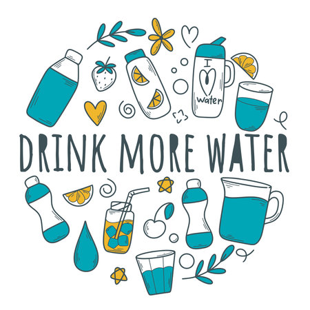 Drink more water concept. Doodle style illustration of clean water consumption. Circle design includes text, glass, bottle, jar, water drops, vector illustrationのイラスト素材