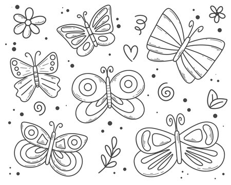 Hand drawn cute butterfly set. Ink doodle sketch moths collection. Wildlife in spring or summer. Isolated vector illustrationのイラスト素材